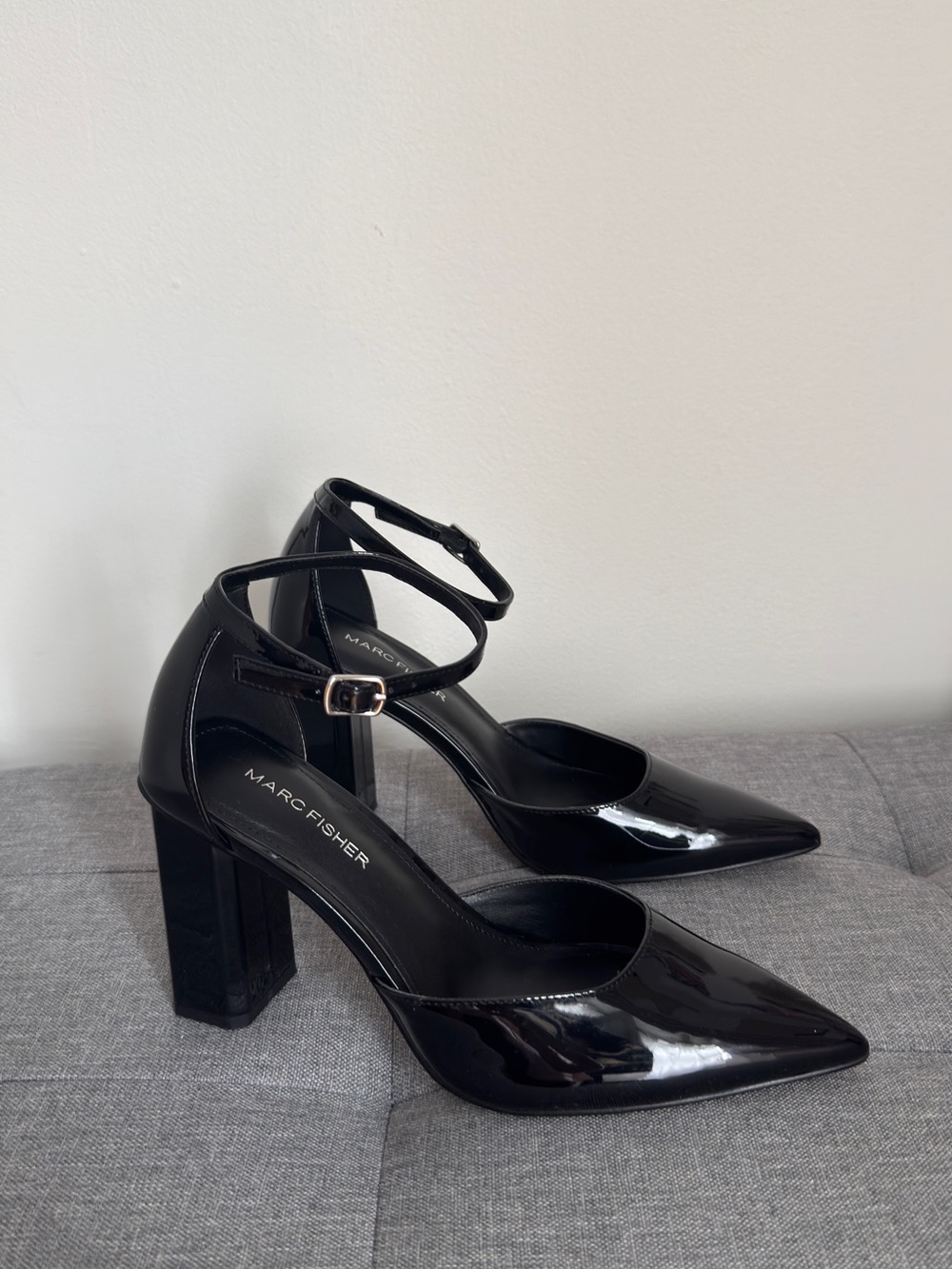 Marc Fisher Black Patent Pointed-Toe Ankle-Strap Block Heels